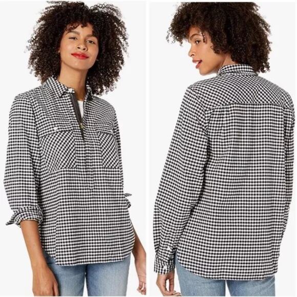 J.CREW MERCANTILE BLACK WHITE GINGHAM FLANNEL HALF ZIP 100% Cotton Sz Small - Picture 2 of 6